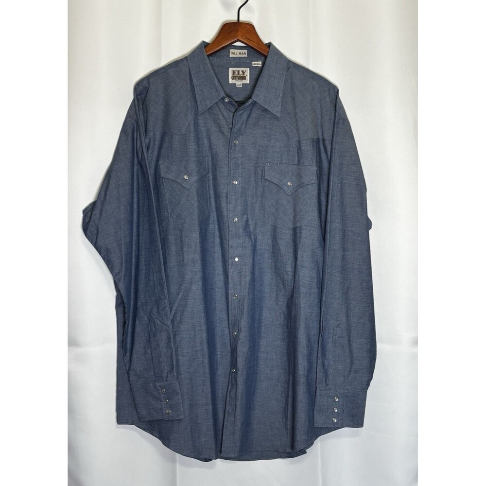 Ely Cattleman Pearl Snap Long Sleeve Shirt XXL Tall Blue Chambray Cowboy NEW!